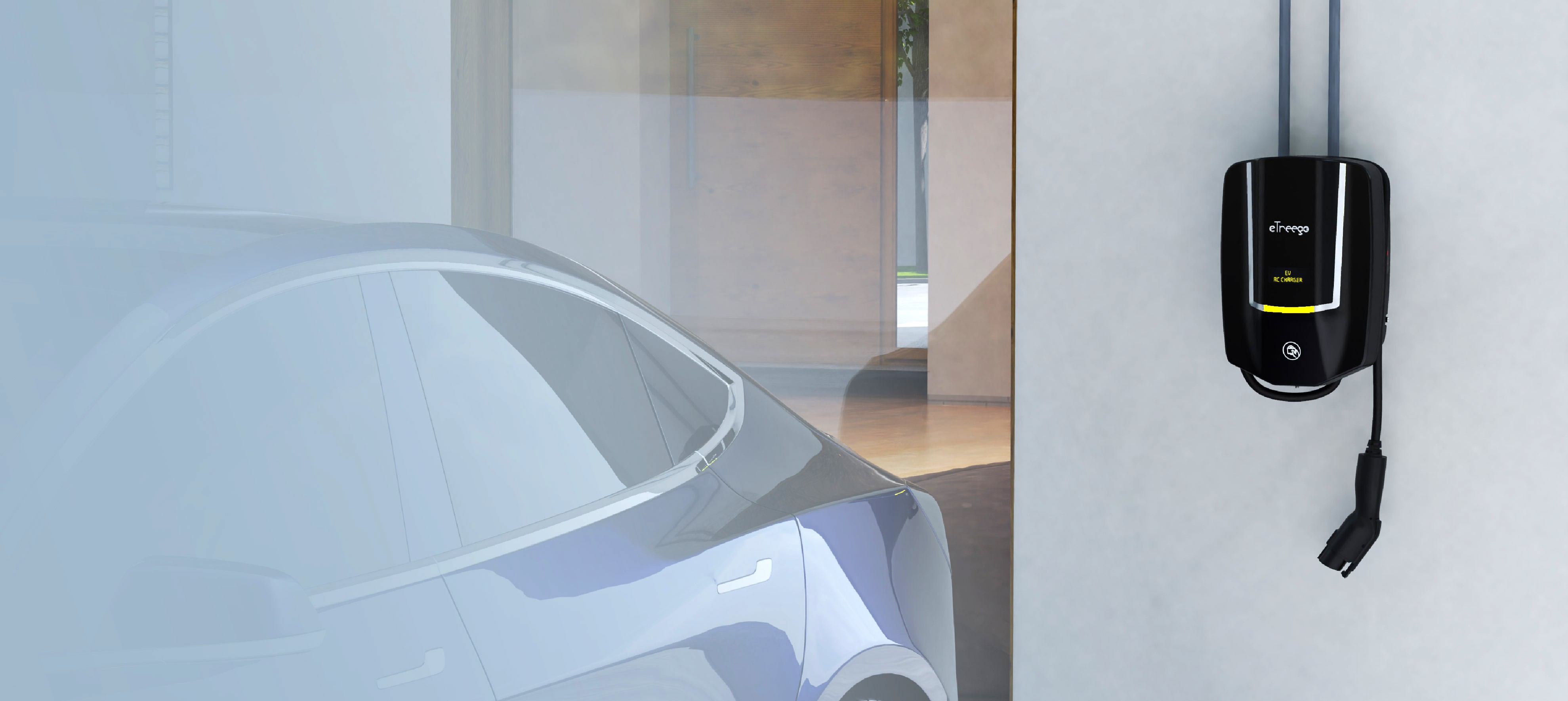 eTreego 壁掛式 AC 充電樁為家用電動車進行日常充電，適合自宅車位安裝