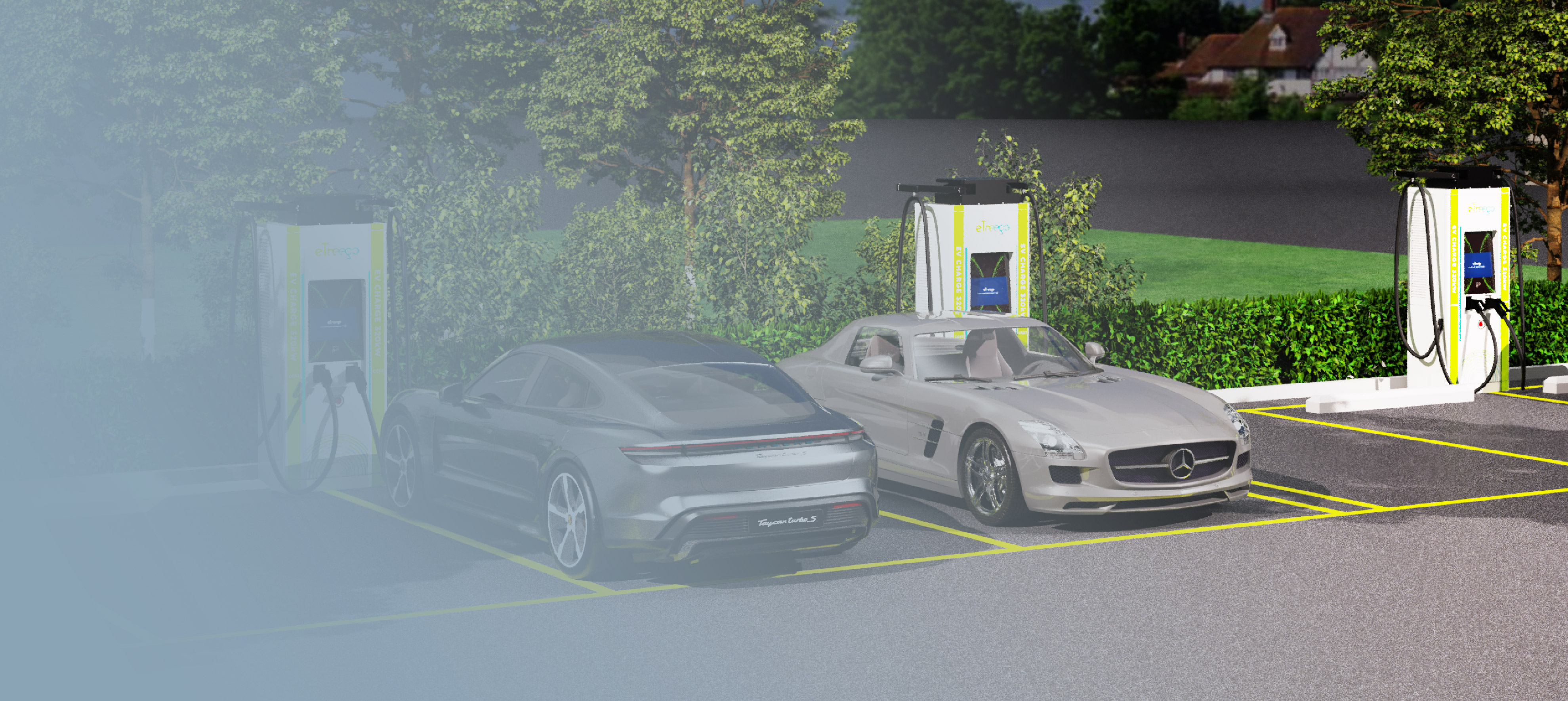 eTreego 一體式直流充電樁部署於公用停車場，提供多車位快速充電服務